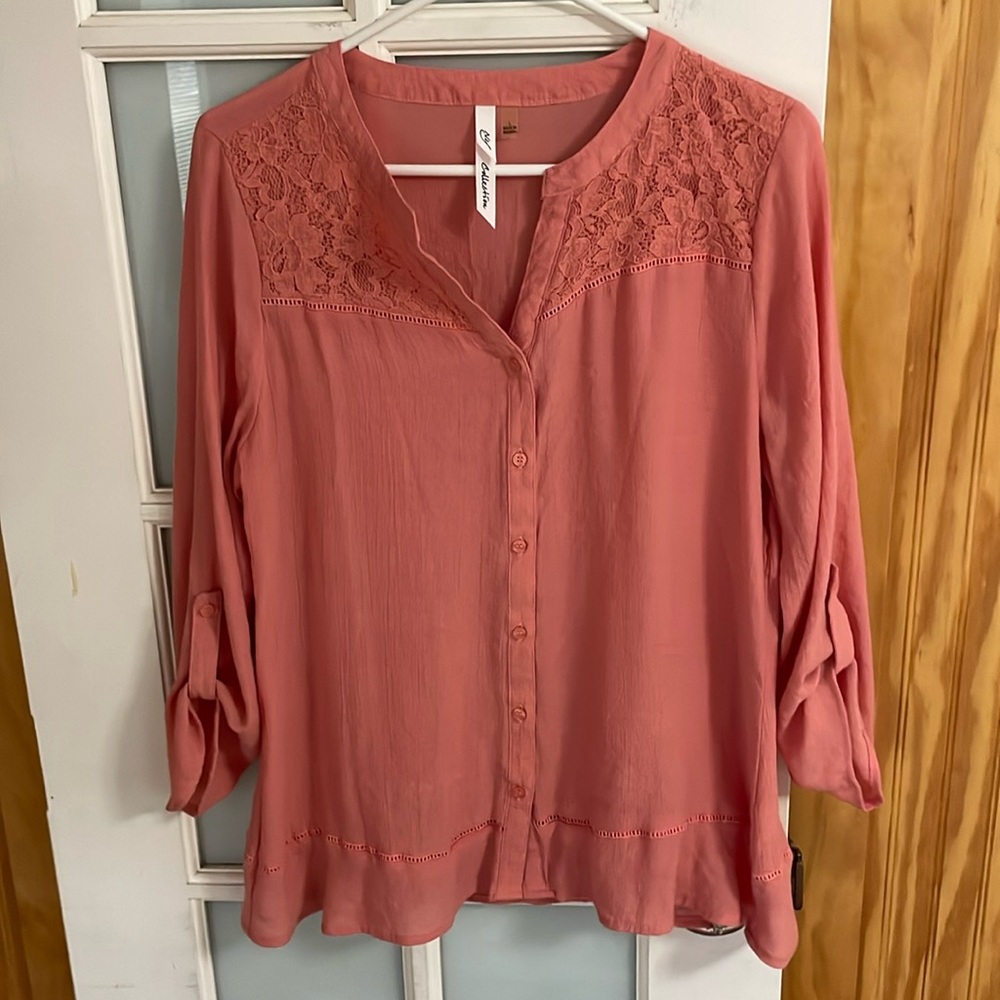 NY collection top- size large- coral/pinkish color